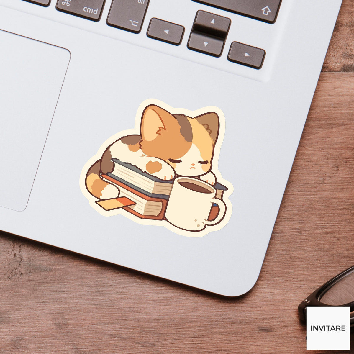 Calico Cat Book Sticker, Coffee Reading Vinyl Decal, Bookish Gift for Readers
