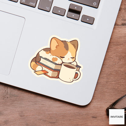 Calico Cat Book Sticker, Coffee Reading Vinyl Decal, Bookish Gift for Readers