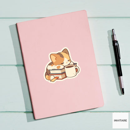 Calico Cat Book Sticker, Coffee Reading Vinyl Decal, Bookish Gift for Readers