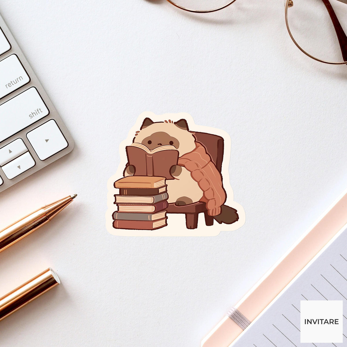 Reading Cat Chair Sticker, Cozy Bookish Vinyl Decal, Reader Gift for Kindle Journal Decor