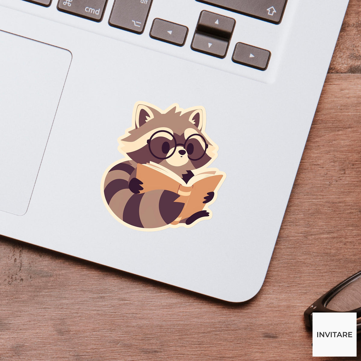 Raccoon Reading Sticker, Glasses Book Vinyl Decal, Bookish Gift for Kindle Laptop Journal Readers