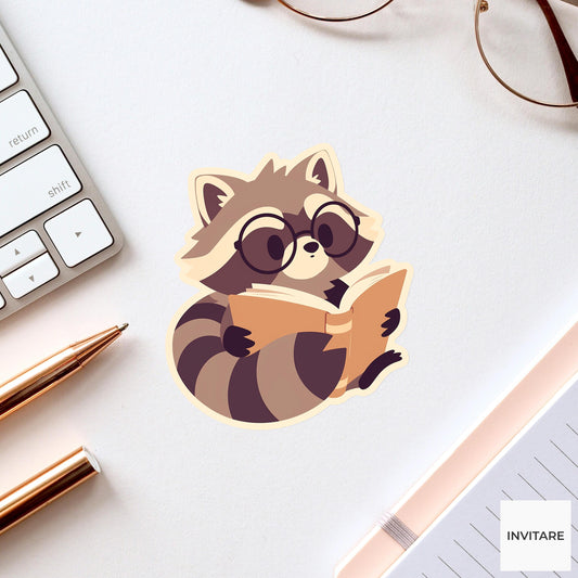 Raccoon Reading Sticker, Glasses Book Vinyl Decal, Bookish Gift for Kindle Laptop Journal Readers