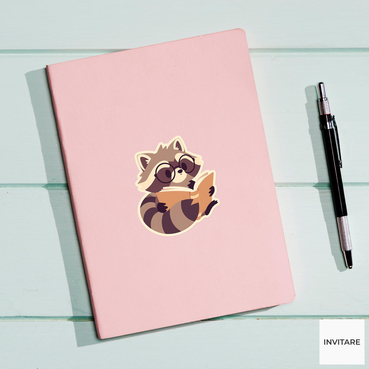 Raccoon Reading Sticker, Glasses Book Vinyl Decal, Bookish Gift for Kindle Laptop Journal Readers