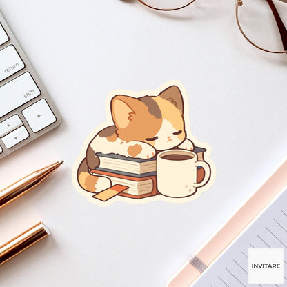 Calico Cat Book Sticker, Coffee Reading Vinyl Decal, Bookish Gift for Readers
