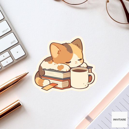 Calico Cat Book Sticker, Coffee Reading Vinyl Decal, Bookish Gift for Readers