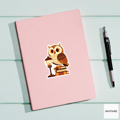 Owl Book Sticker, Scholar Reading Vinyl Decal, Bookish Gift for Kindle Laptop Journal Readers