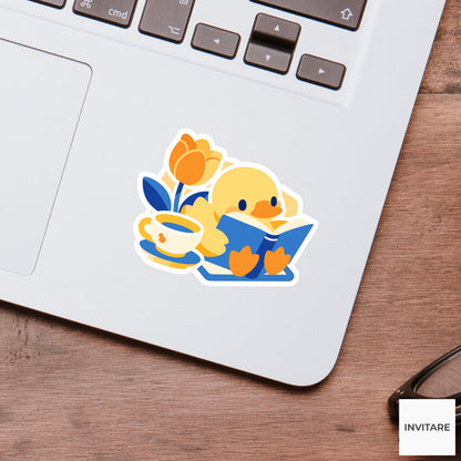 Duck Reading Sticker, Blue Book Vinyl Decal, Bookish Gift for Kindle Laptop Journal Decor