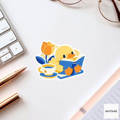 Duck Reading Sticker, Blue Book Vinyl Decal, Bookish Gift for Kindle Laptop Journal Decor