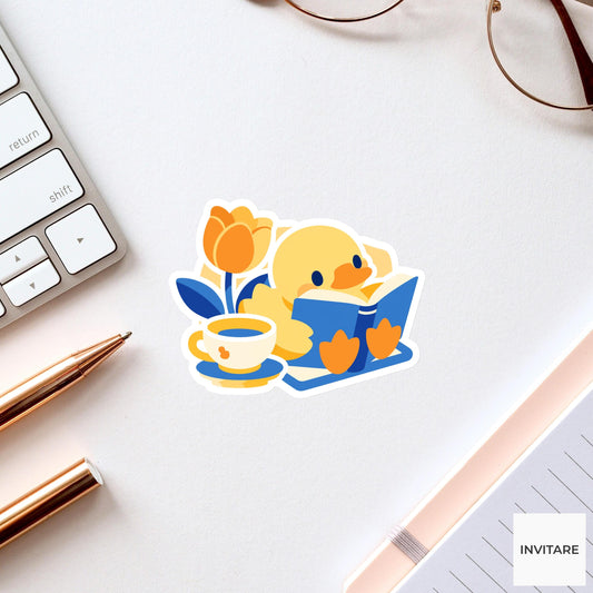 Duck Reading Sticker, Blue Book Vinyl Decal, Bookish Gift for Kindle Laptop Journal Decor