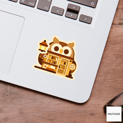 Owl Library Sticker, Book Kiosk Vinyl Decal, Reader Gift for Laptop Journal Library Decor