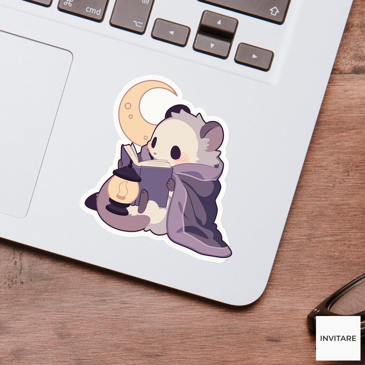 Cozy Possum Reading Sticker, Nocturnal Book Lover Laptop Decal