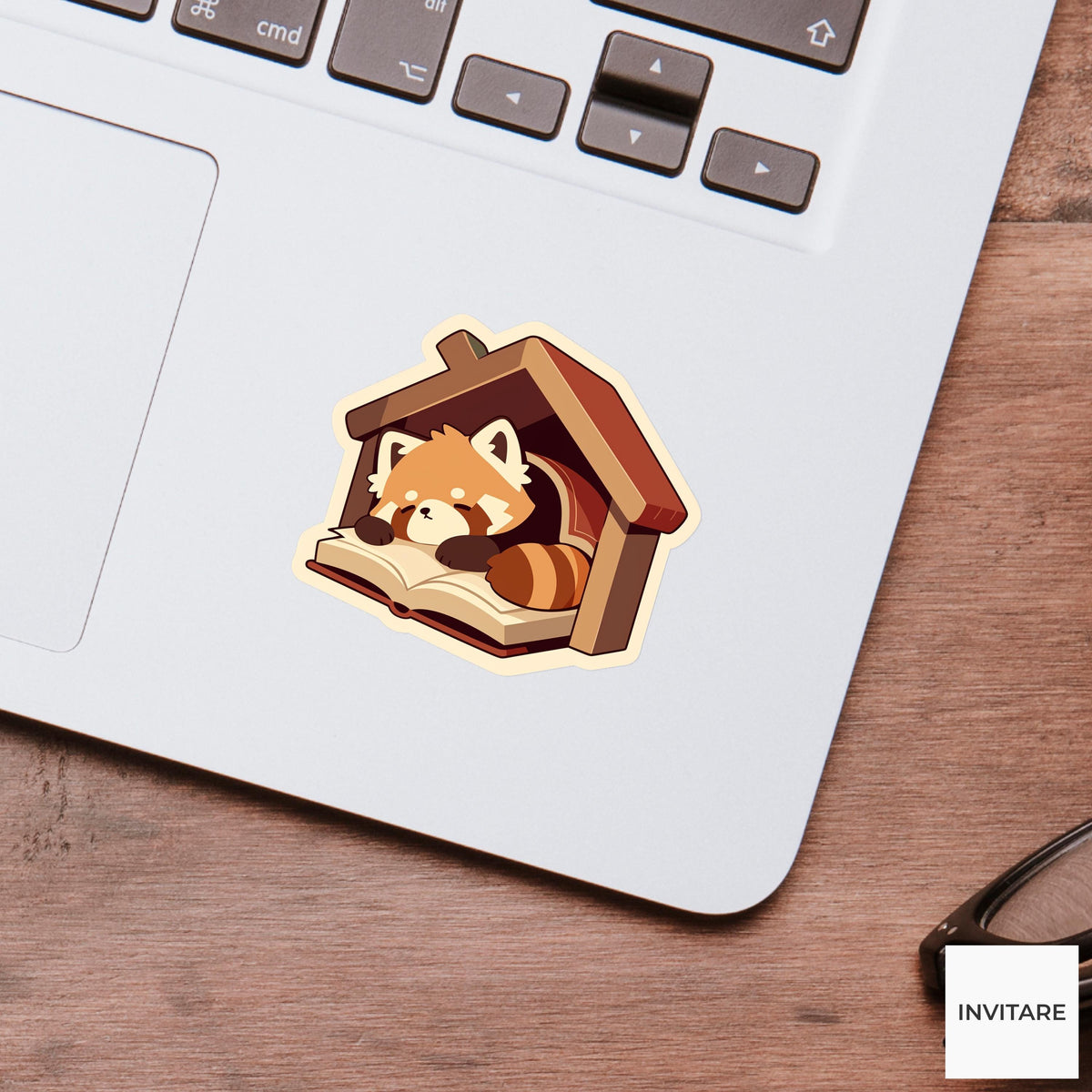 Red Panda Reading Nook Sticker, Cozy Book Lover Laptop Decal