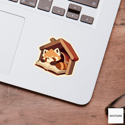 Red Panda Reading Nook Sticker, Cozy Book Lover Laptop Decal