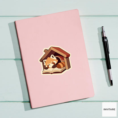 Red Panda Reading Nook Sticker, Cozy Book Lover Laptop Decal