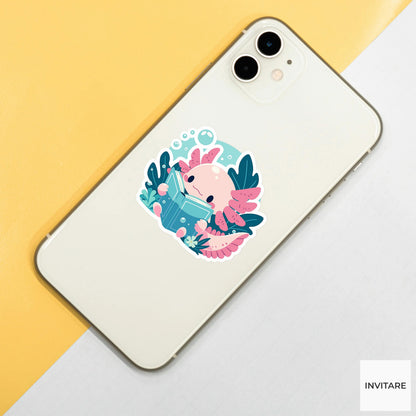 Axolotl Librarian Sticker, Aquatic Book Lover Laptop Decal