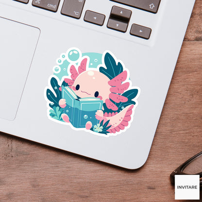 Axolotl Librarian Sticker, Aquatic Book Lover Laptop Decal