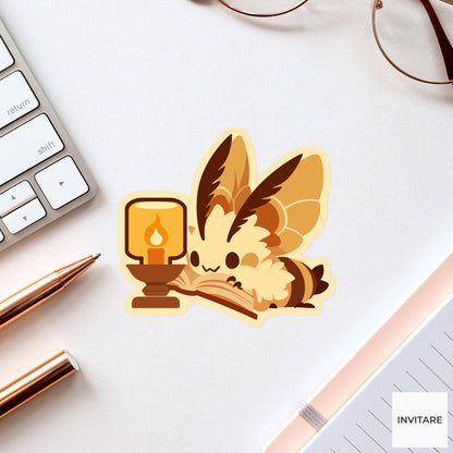 Moth Reading Lamp Sticker, Cozy Bookish Cottagecore Laptop Decal