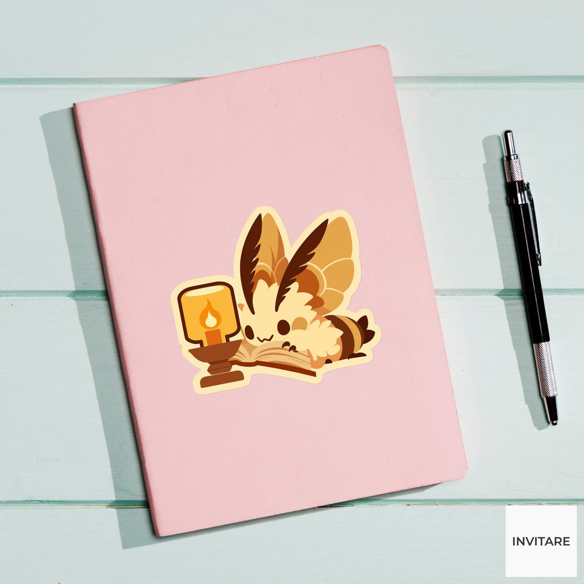 Moth Reading Lamp Sticker, Cozy Bookish Cottagecore Laptop Decal