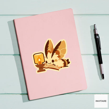 Moth Reading Lamp Sticker, Cozy Bookish Cottagecore Laptop Decal