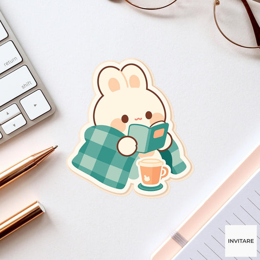 Bunny Kindle Reading Sticker, Cozy Book Lover Laptop Decal
