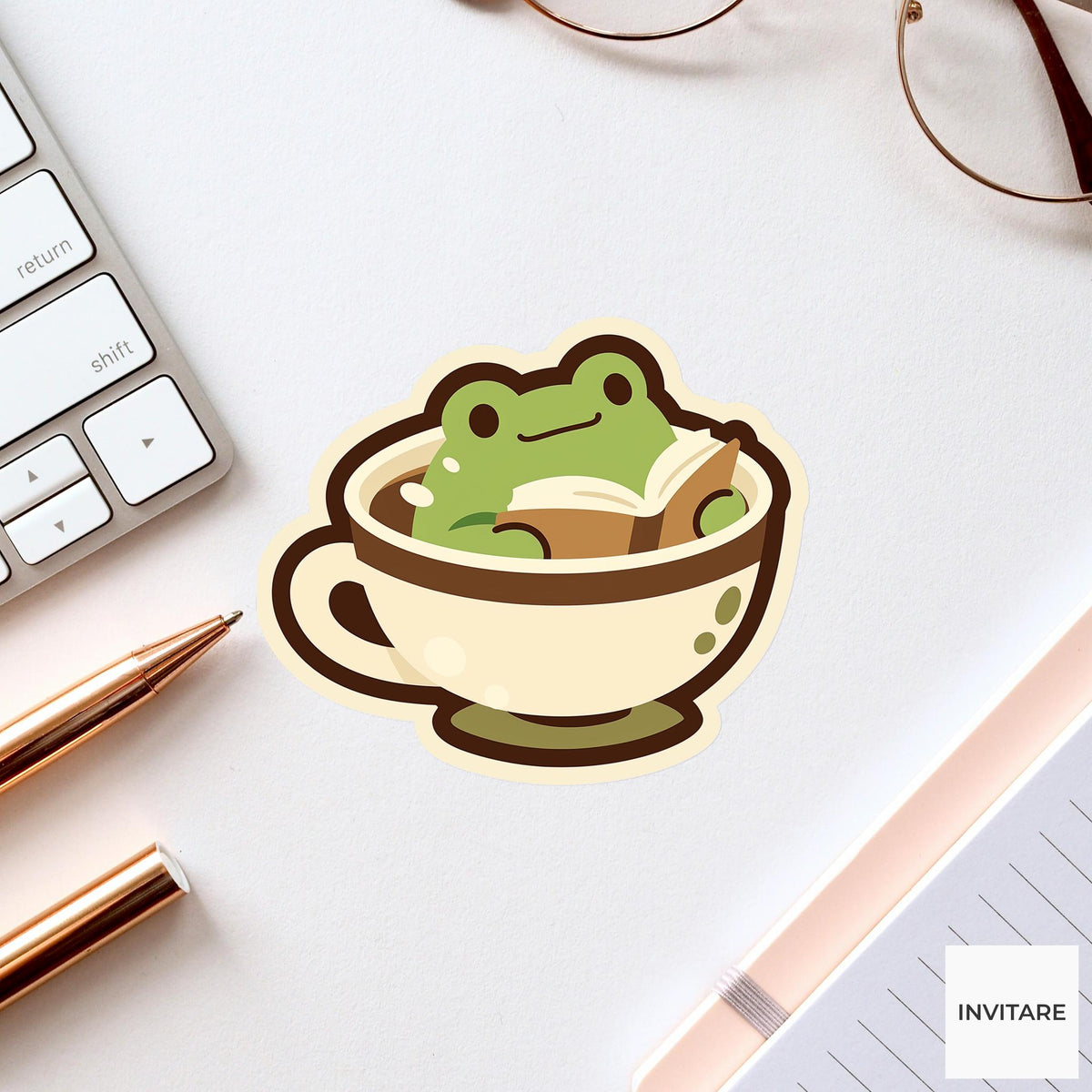 Frog Tea Reader Sticker, Cozy Cottagecore Book Laptop Decal