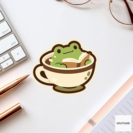 Frog Tea Reader Sticker, Cozy Cottagecore Book Laptop Decal