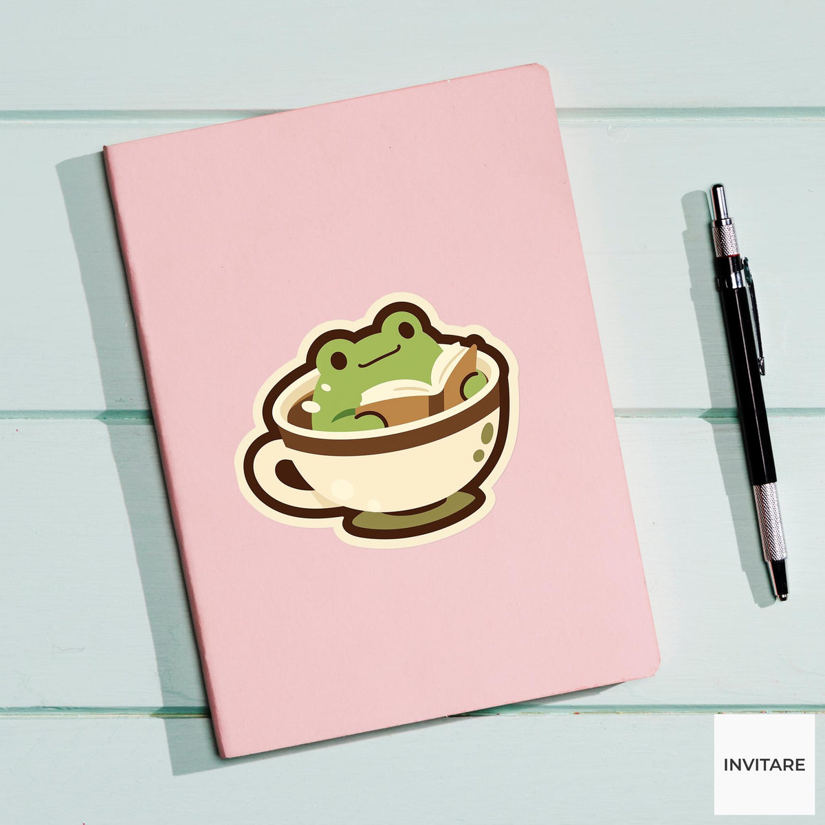 Frog Tea Reader Sticker, Cozy Cottagecore Book Laptop Decal