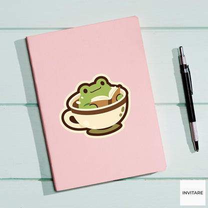 Frog Tea Reader Sticker, Cozy Cottagecore Book Laptop Decal