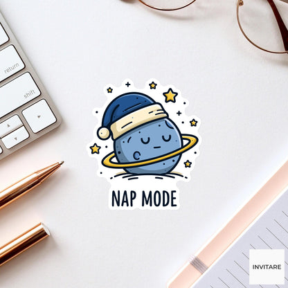 Nap Mode Planet Sticker, Funny Sleepy Mood Laptop Water Bottle Decal