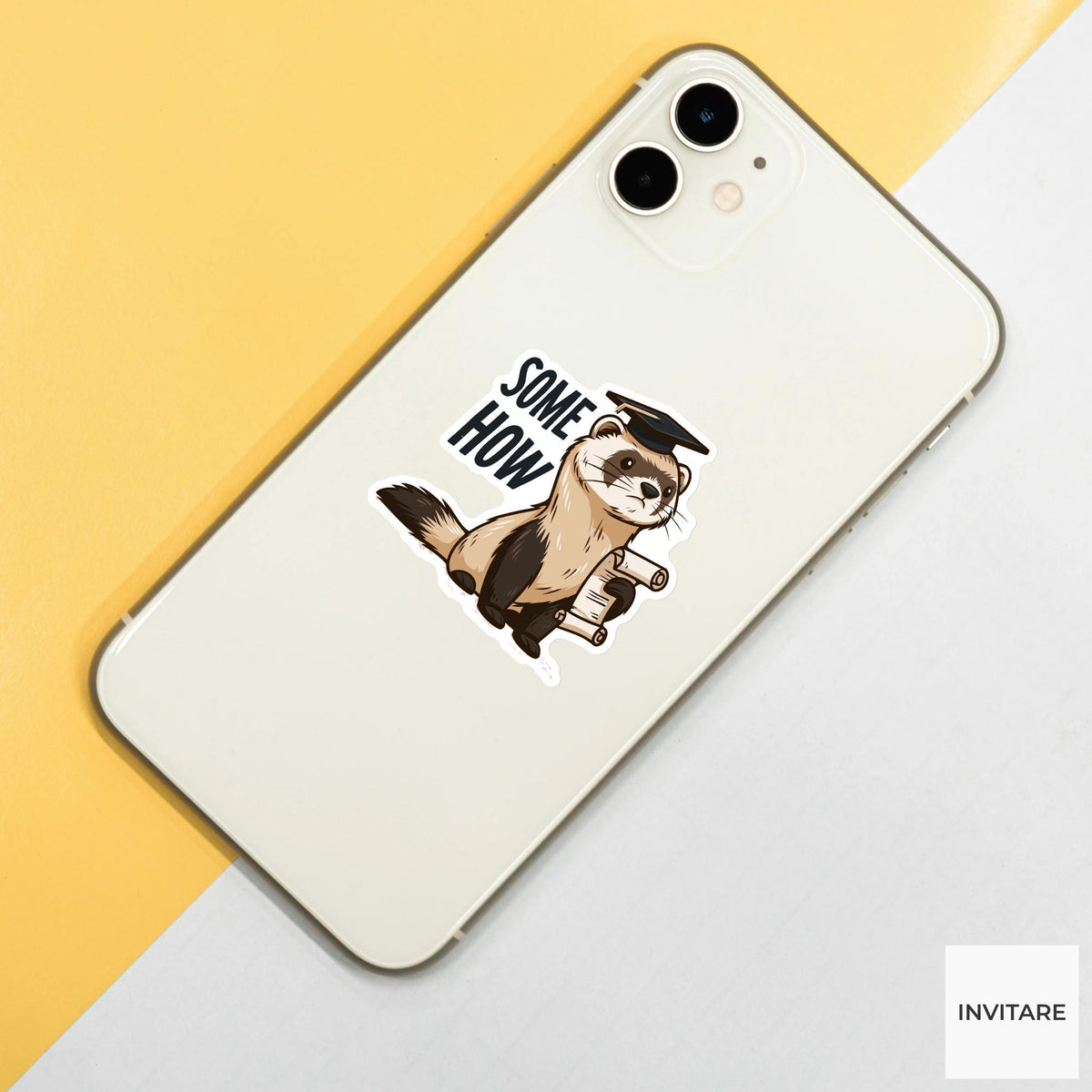 Somehow Graduation Ferret Sticker, Funny Grad School Laptop Water Bottle Decal