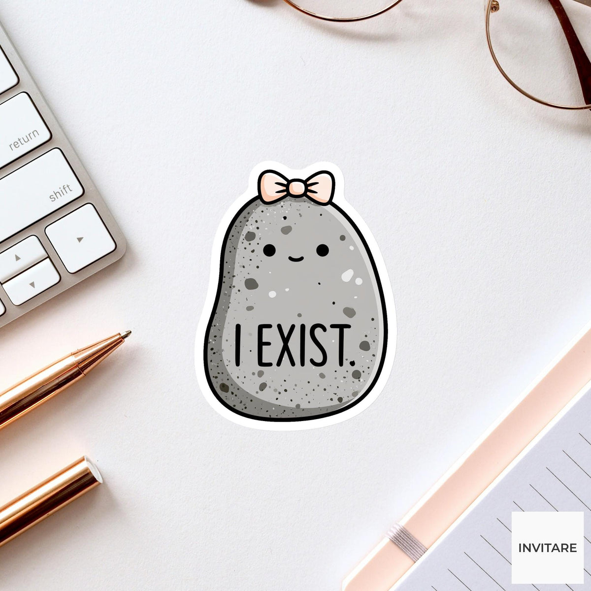 I Exist Pebble Sticker, Funny Tiny Rock Mood Laptop Planner Decal