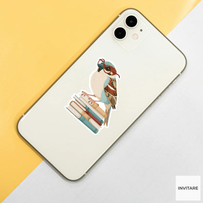Sparrow Book Stack Sticker, Funny Tiny Reader Laptop Water Bottle Decal