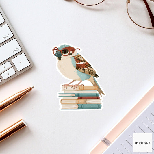 Sparrow Book Stack Sticker, Funny Tiny Reader Laptop Water Bottle Decal