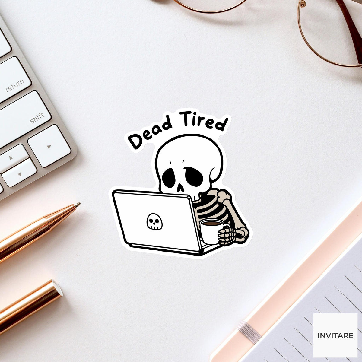 Dead Tired Skeleton Coffee Sticker, Funny Halloween Laptop Decal for Tired Readers