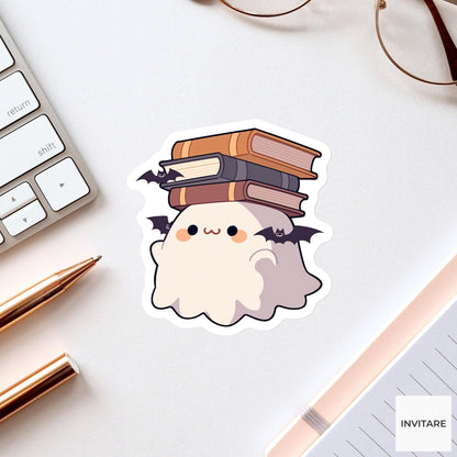 Ghost Librarian Book Sticker, Cozy Halloween Reading Decal for Kindle Journals