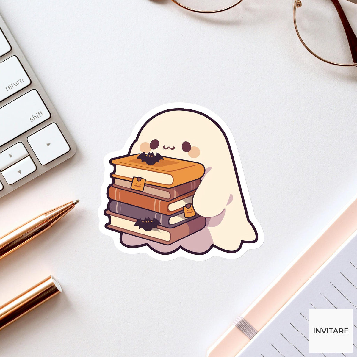 Haunted Books Ghost Sticker, Bookish Halloween Laptop Decal for Cozy Readers