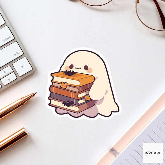 Haunted Books Ghost Sticker, Bookish Halloween Laptop Decal for Cozy Readers