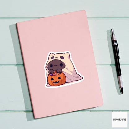 Black Cat Ghost Costume Sticker, Pumpkin Candy Bucket Halloween Decal