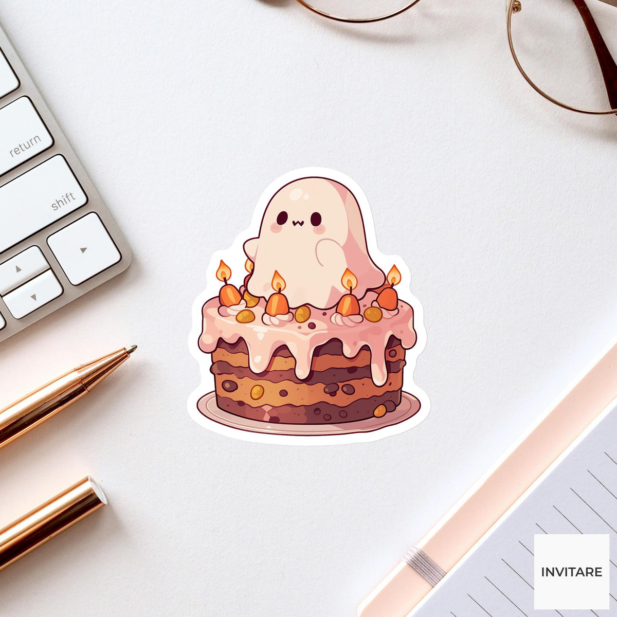 Pink Ghost Cake Sticker, Pastel Halloween Bakery Decal for Dessert Journals