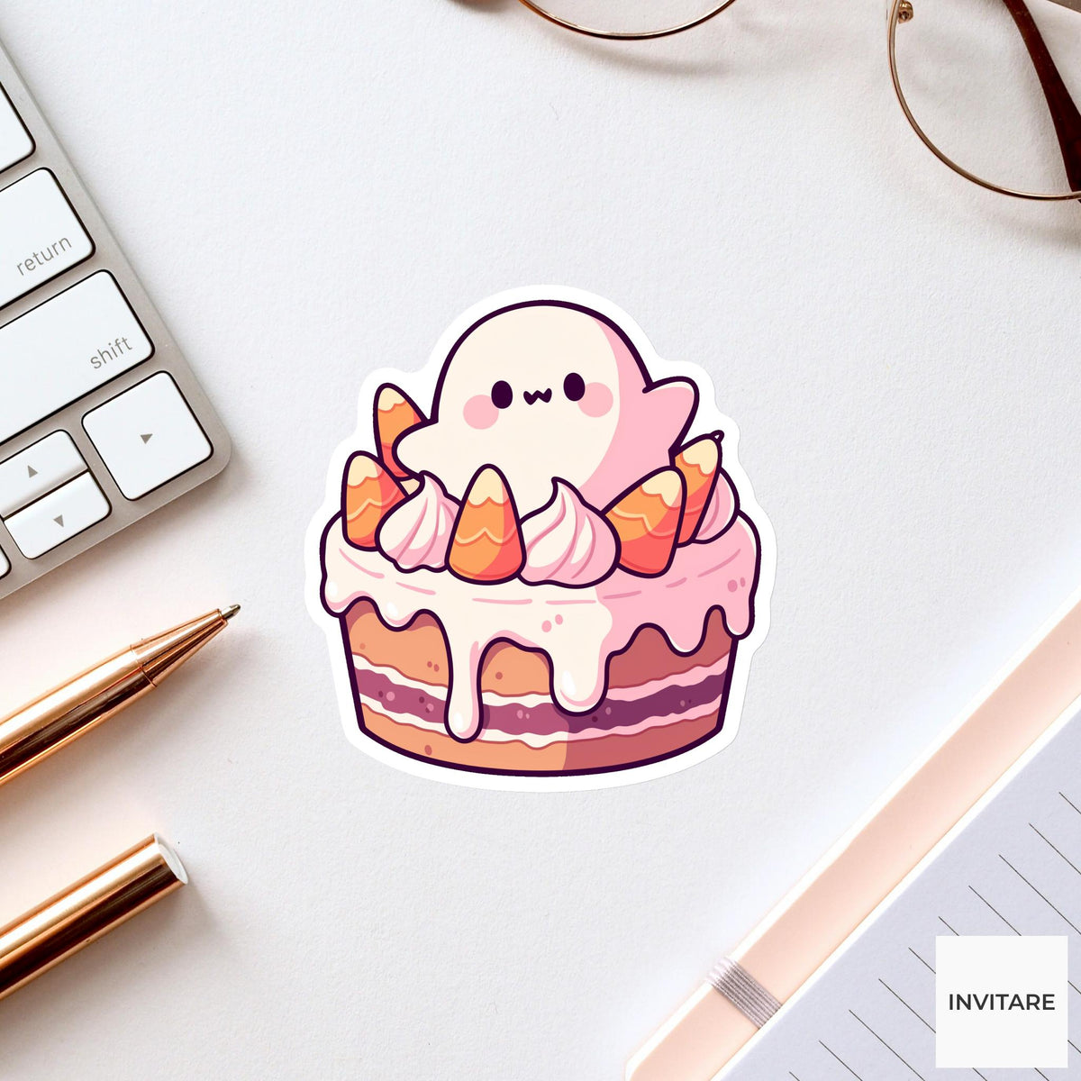 Haunted Cake Ghost Sticker, Pastel Bakery Halloween Decal for Laptop Journals