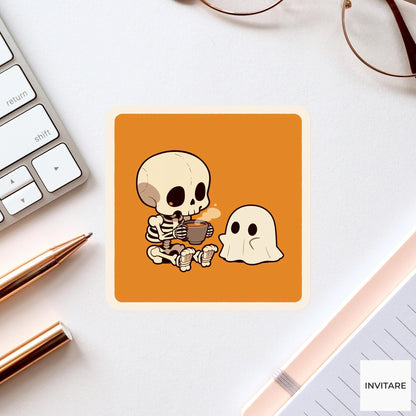 Skeleton Hot Cocoa Sticker, Friendly Ghost Halloween Decal for Cozy Journals