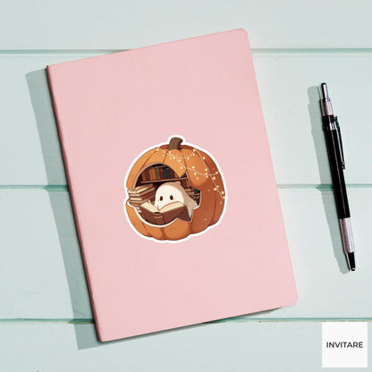Pumpkin Reading Nook Ghost Sticker, Cozy Bookish Halloween Decal for Journals