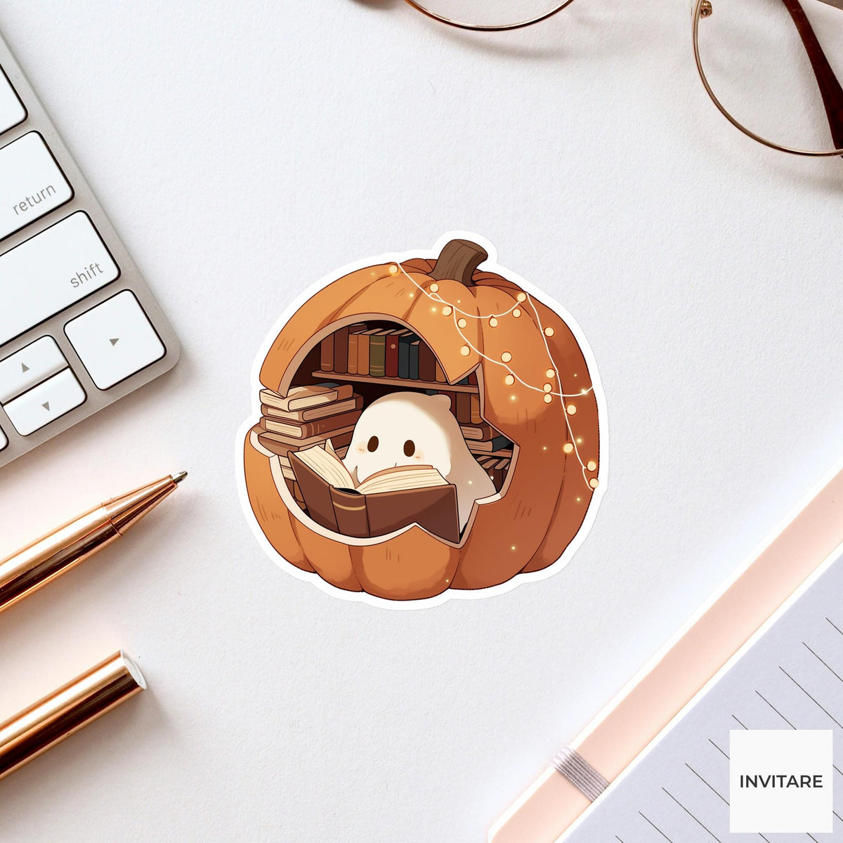 Pumpkin Reading Nook Ghost Sticker, Cozy Bookish Halloween Decal for Journals