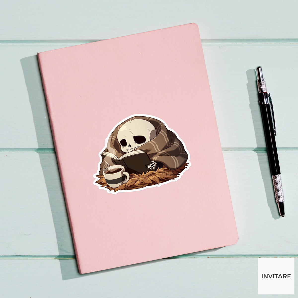 Skeleton Blanket Reader Sticker, Cozy Halloween Book Decal for Kindle Journals