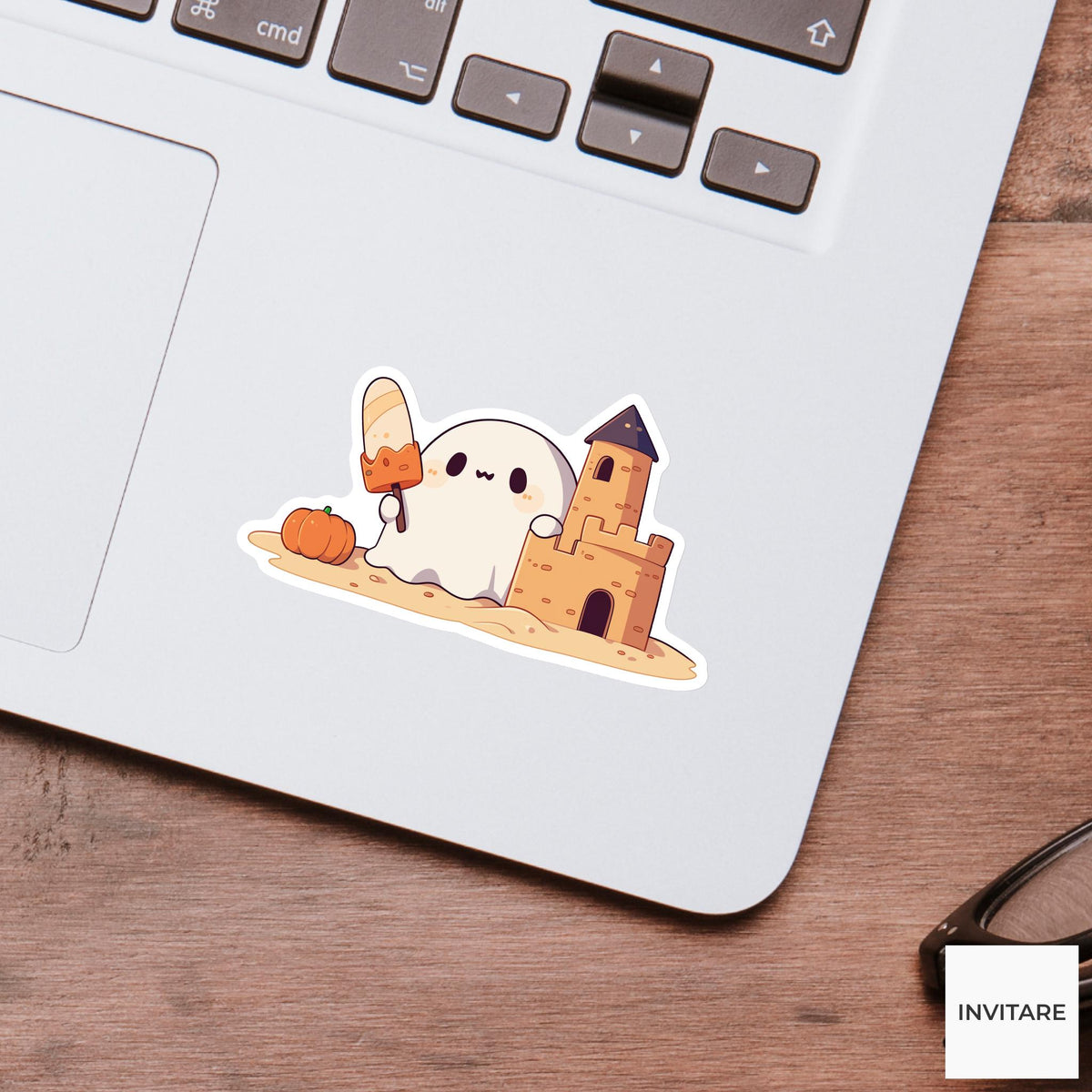 Summerween Ghost Sandcastle Sticker, Pumpkin Beach Halloween Decal for Laptops