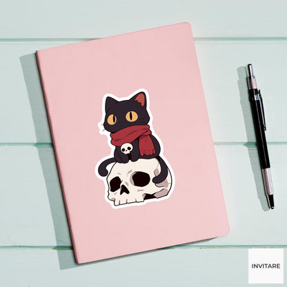 Black Cat Skull Sticker, Gothic Witchy Halloween Decal for Laptop Journals