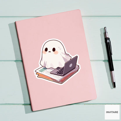 Ghost Laptop Book Sticker, Cozy Study Halloween Decal for Reading Journals