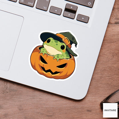 Frog Pumpkin Sticker, Cute Witch Hat Halloween Decal for Planner Journals