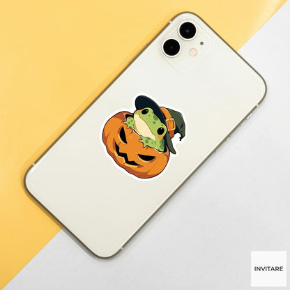 Frog Pumpkin Sticker, Cute Witch Hat Halloween Decal for Planner Journals