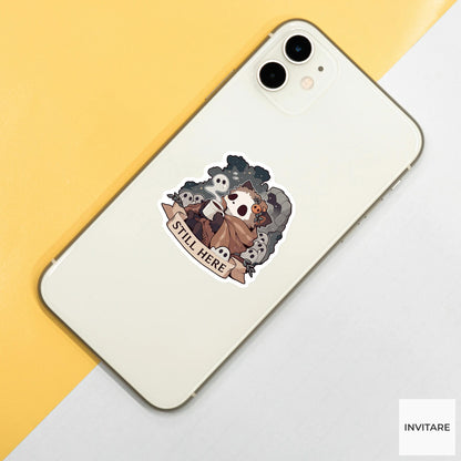 Still Here Possum Sticker, Mental Health Halloween Meme Decal for Laptops